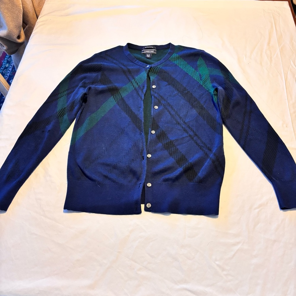 Lands' End Women’s Navy and Emerald Plaid Cardigan Size M
